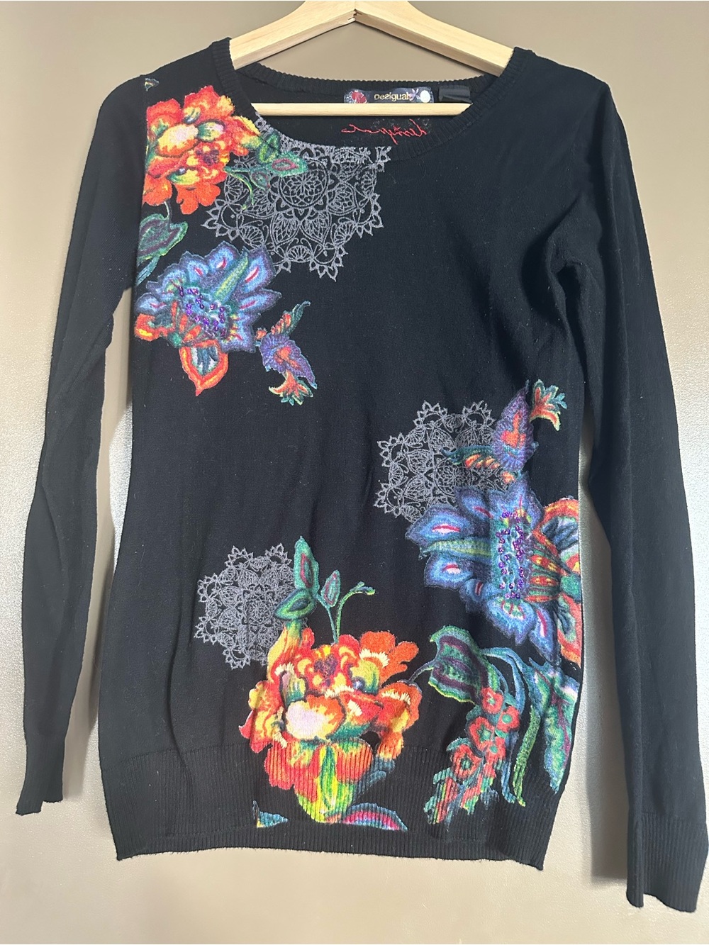 Desigual Black Sweater with Red Embroidered Detail